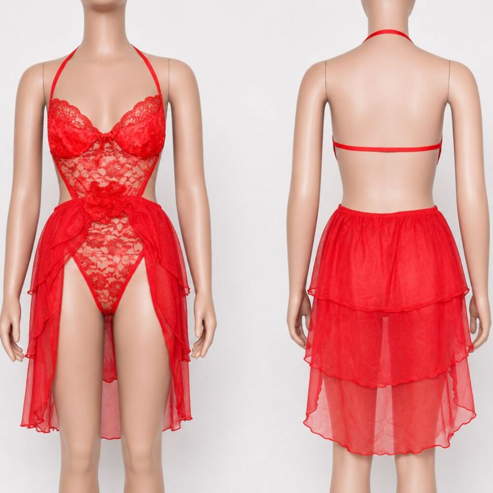 Vintage Red Lace Halter Bodysuit Size Small 32C